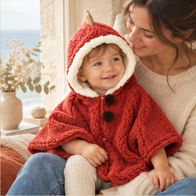 Poncho Chaud Bébé Dinosaure – Rouge / Bébé (1 à 3 Ans), dans un intérieur côtier lumineux