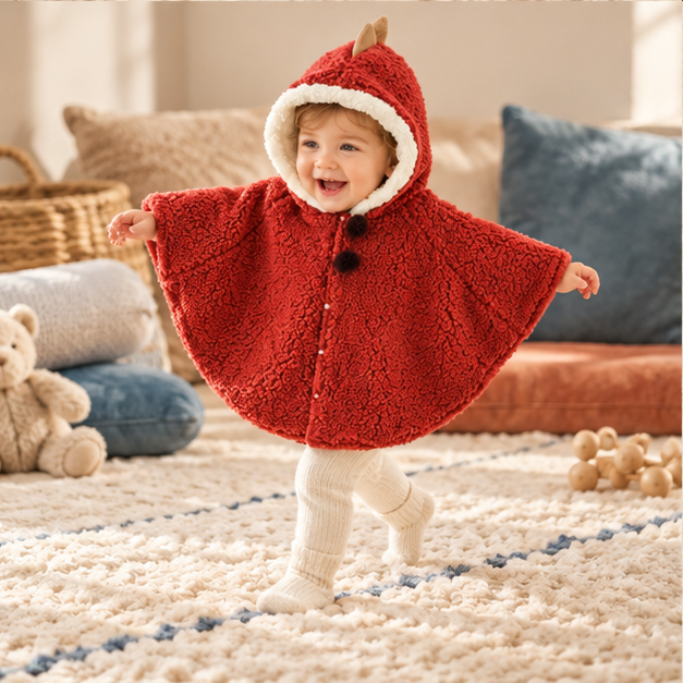 Poncho Chaud Bébé Dinosaure – Rouge / Bébé (1 à 3 Ans), porté en mouvement au bord de l’océan