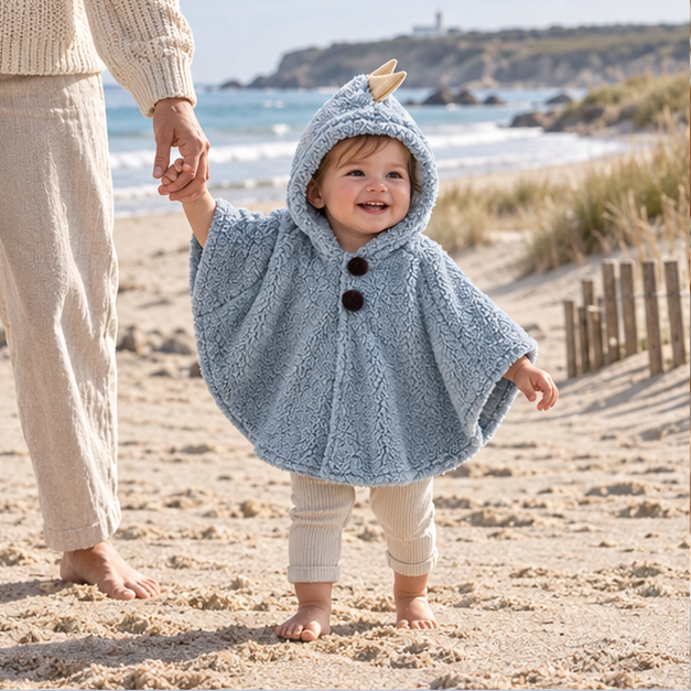 Poncho Chaud Bébé Dinosaure – Bleu / Bébé (1 à 3 Ans), en situation sur la côte Atlantique