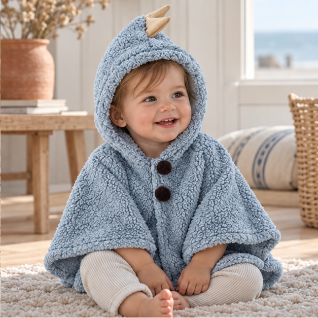 Poncho Chaud Bébé Dinosaure – Bleu / Bébé (1 à 3 Ans), dans un intérieur côtier lumineux