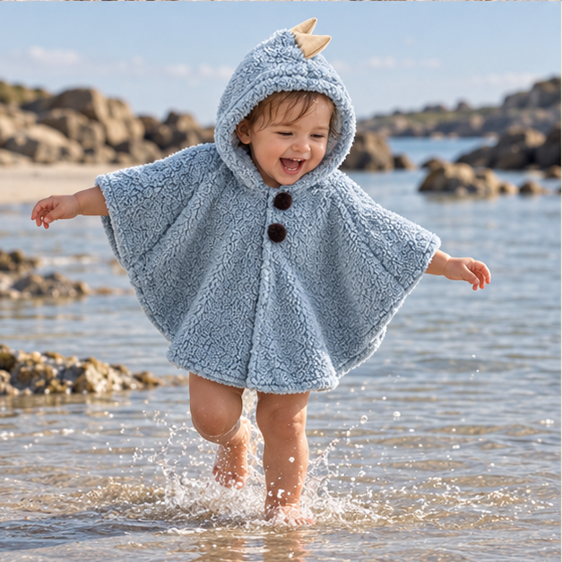 Poncho Chaud Bébé Dinosaure – Bleu / Bébé (1 à 3 Ans), porté en mouvement au bord de l’océan