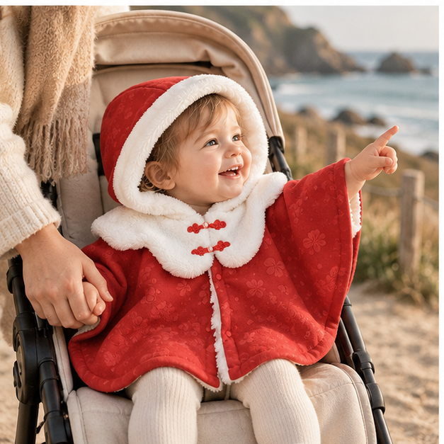 Poncho Chaud Bébé Rouge – Rouge / Bébé (0 à 3 ans), porté en mouvement au bord de l’océan