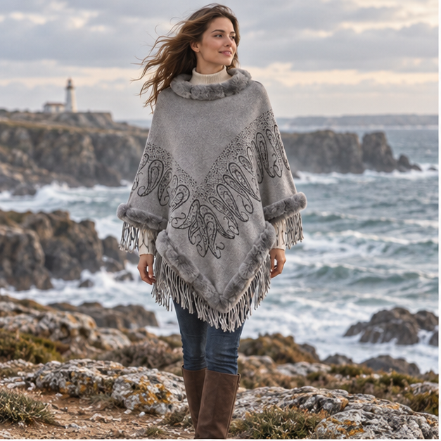 Poncho Chaud Franges – Gris / Adulte, en situation sur la côte Atlantique