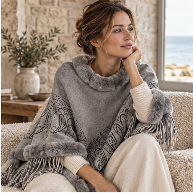 Poncho Chaud Franges – Gris / Adulte, dans un intérieur côtier lumineux