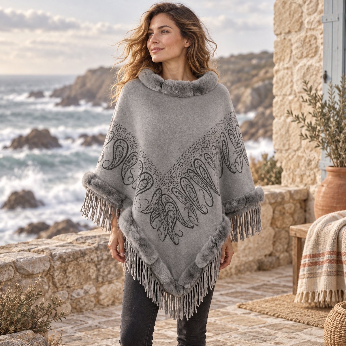 Poncho Chaud Franges – Gris / Adulte, visuel principal lifestyle