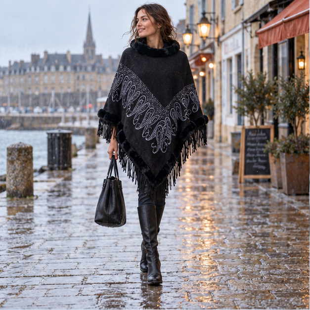 Poncho Chaud Franges – Noir / Adulte, en situation sur la côte Atlantique