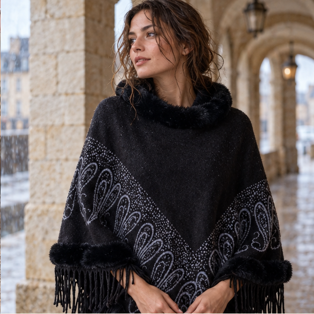 Poncho Chaud Franges – Noir / Adulte, dans un intérieur côtier lumineux