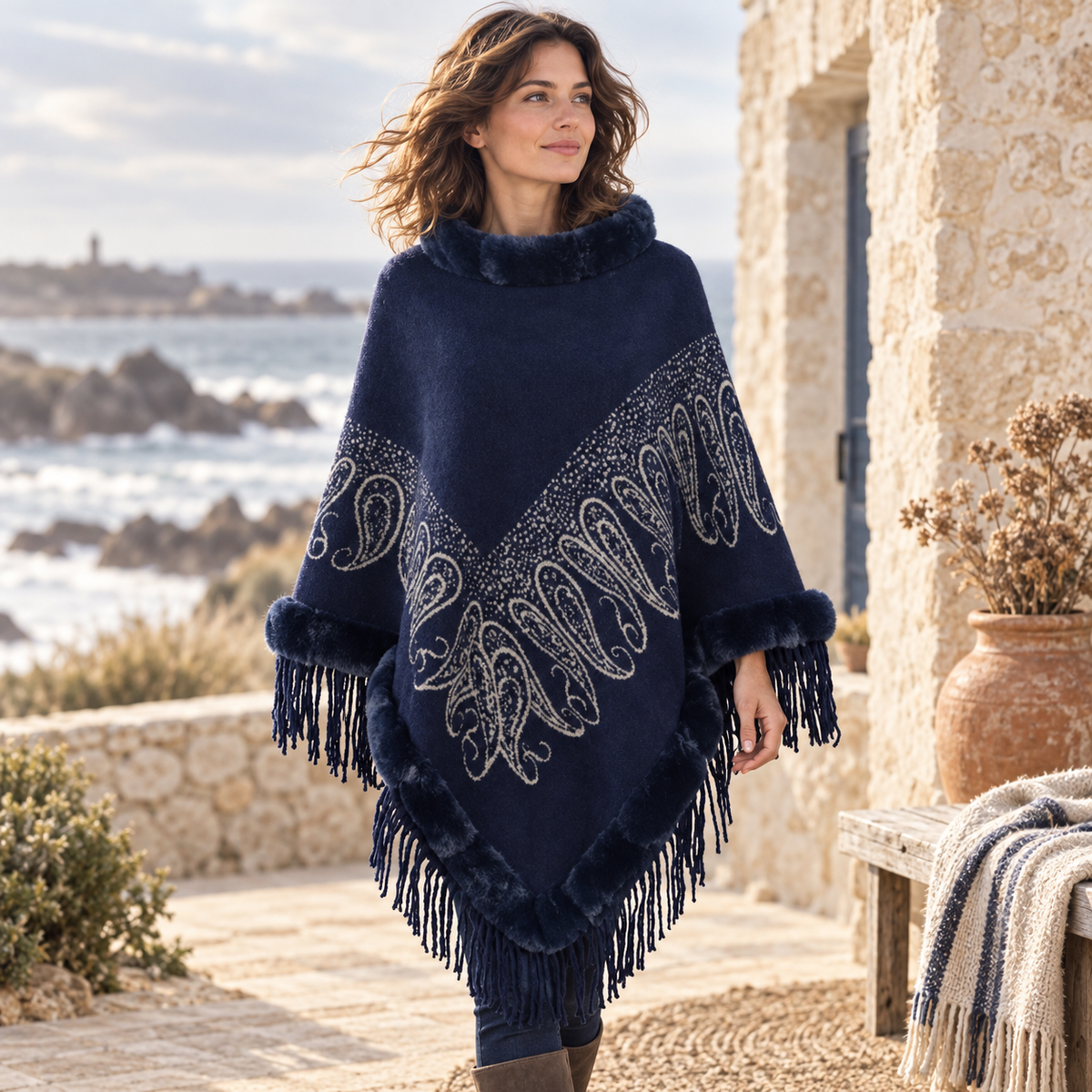 Poncho Chaud Franges – Bleu Marine / Adulte, visuel principal lifestyle