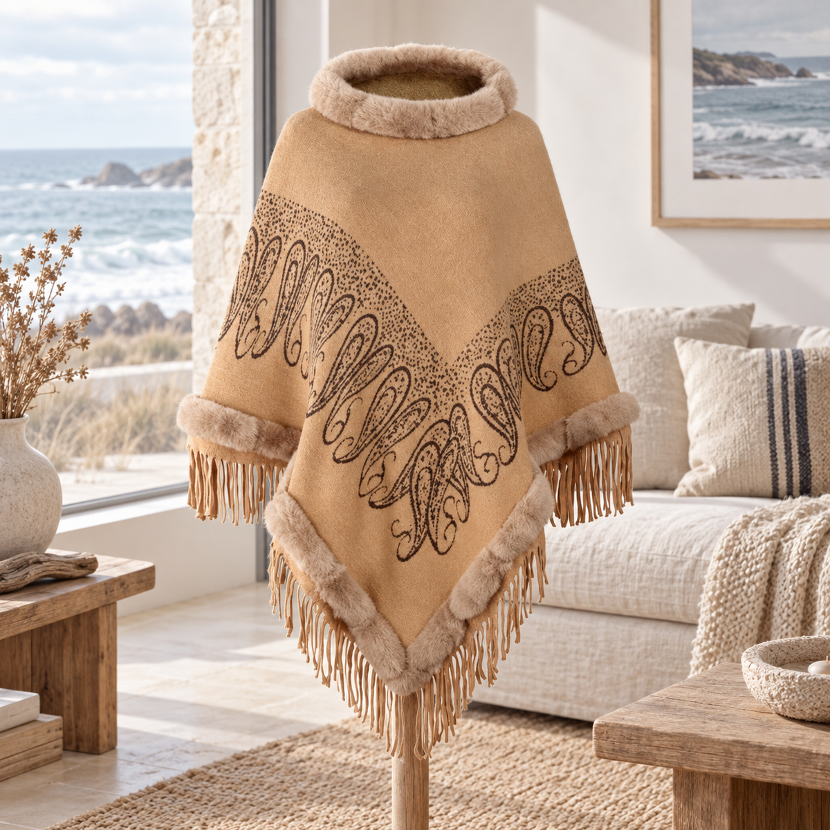 Poncho Chaud Franges – Camel / Adulte, visuel principal lifestyle
