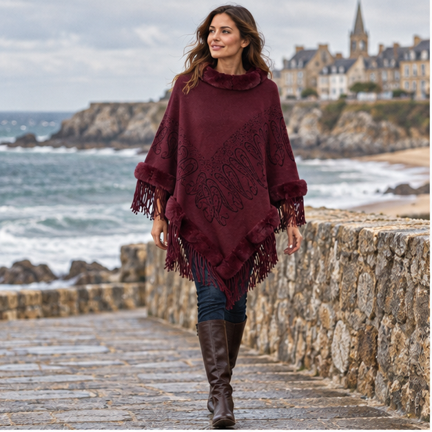 Poncho Chaud Franges – Bordeaux / Adulte, en situation sur la côte Atlantique