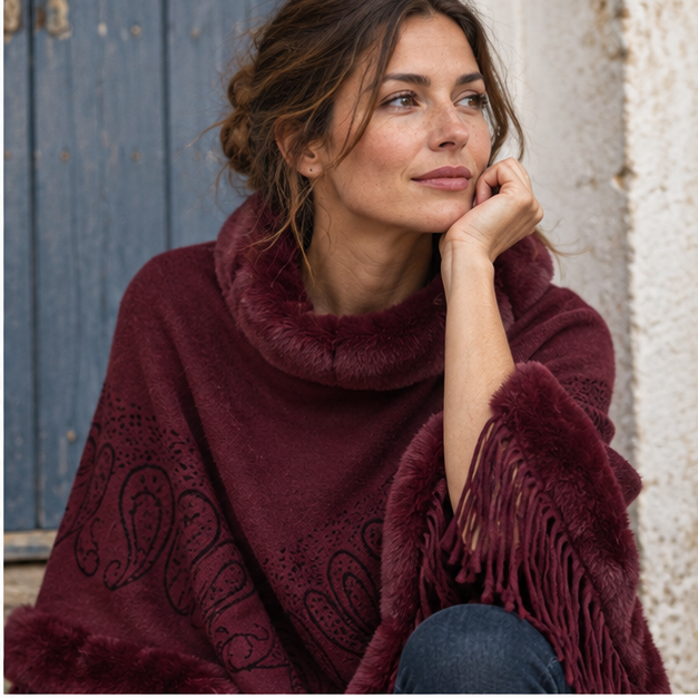Poncho Chaud Franges – Bordeaux / Adulte, dans un intérieur côtier lumineux