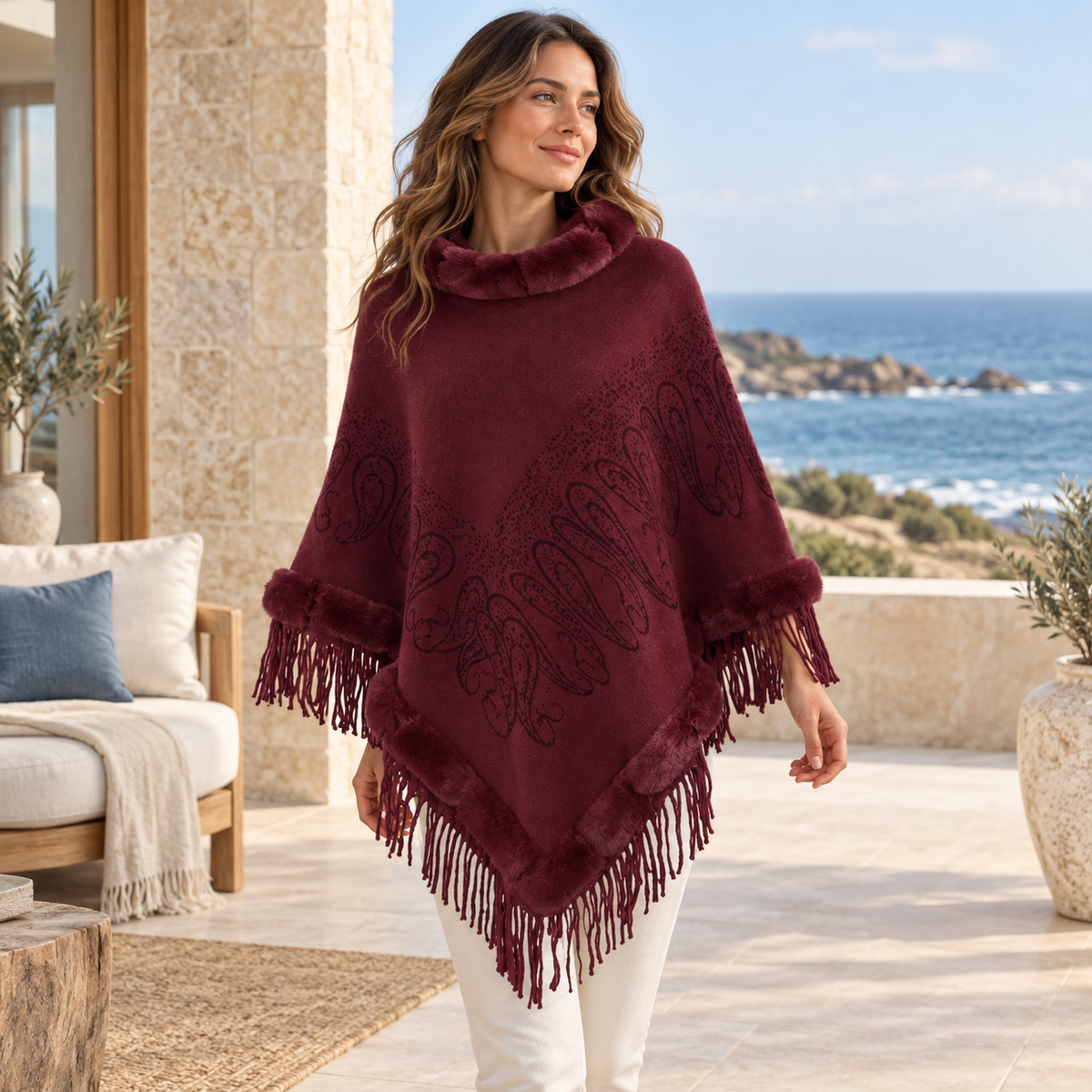 Poncho Chaud Franges – Bordeaux / Adulte, visuel principal lifestyle
