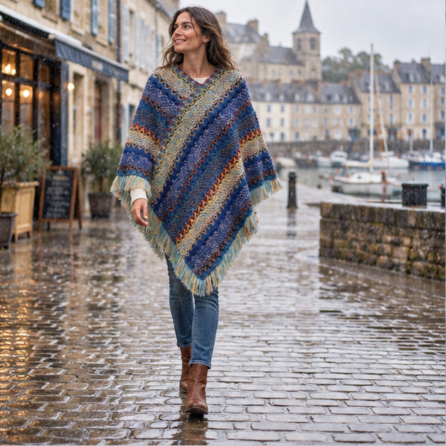 Poncho Chaud Peruvien – Bleu / Adulte, en situation sur la côte Atlantique