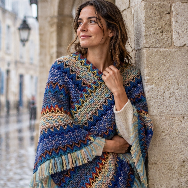 Poncho Chaud Peruvien – Bleu / Adulte, dans un intérieur côtier lumineux