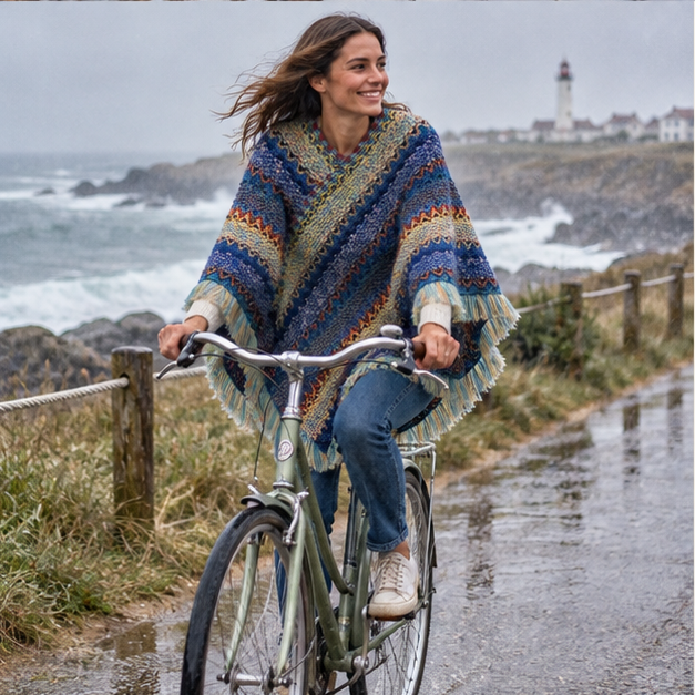 Poncho Chaud Peruvien – Bleu / Adulte, porté en mouvement au bord de l’océan
