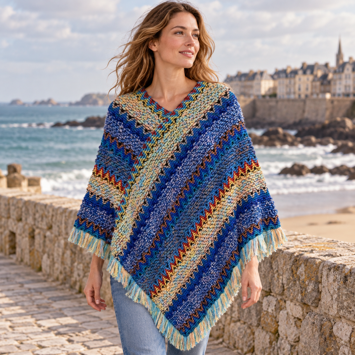 Poncho Chaud Peruvien – Bleu / Adulte, visuel principal lifestyle