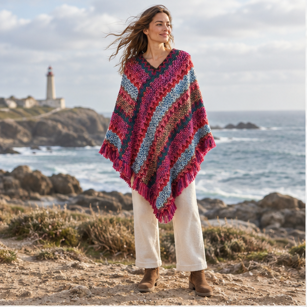 Poncho Chaud Peruvien – Rose / Adulte, en situation sur la côte Atlantique