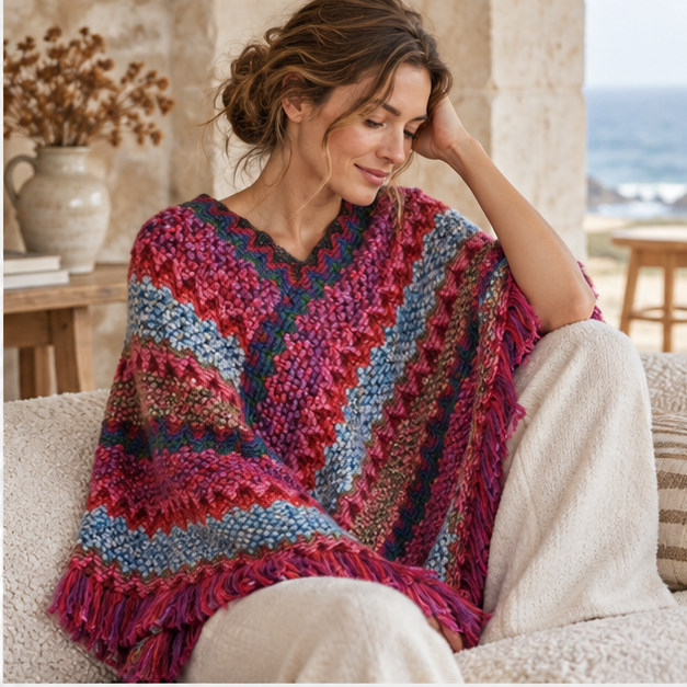 Poncho Chaud Peruvien – Rose / Adulte, dans un intérieur côtier lumineux