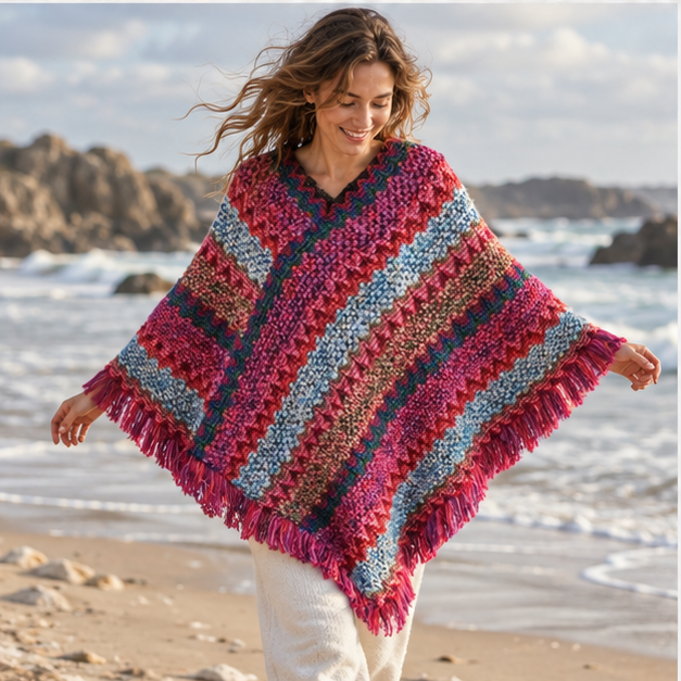 Poncho Chaud Peruvien – Rose / Adulte, porté en mouvement au bord de l’océan