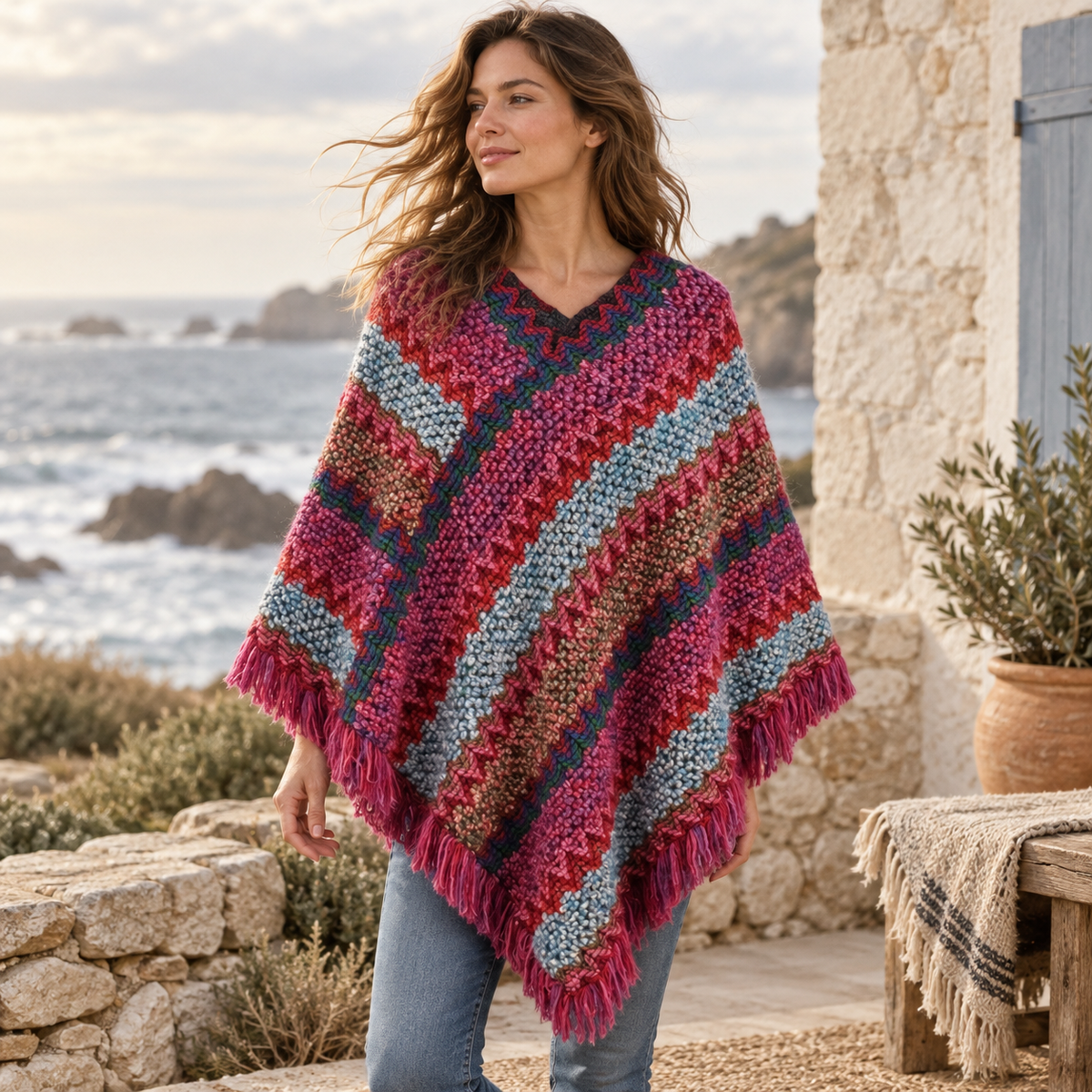 Poncho Chaud Peruvien – Rose / Adulte, visuel principal lifestyle