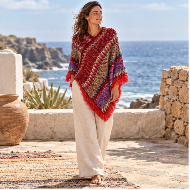 Poncho Chaud Peruvien – Rouge / Adulte, en situation sur la côte Atlantique