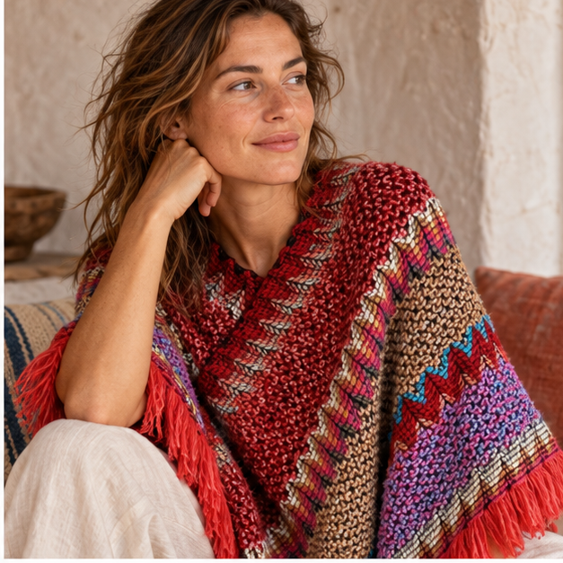 Poncho Chaud Peruvien – Rouge / Adulte, dans un intérieur côtier lumineux