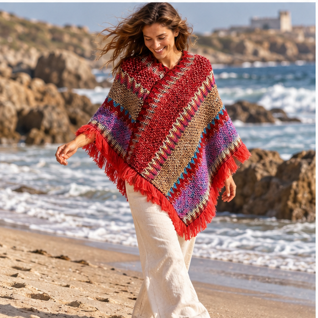 Poncho Chaud Peruvien – Rouge / Adulte, porté en mouvement au bord de l’océan