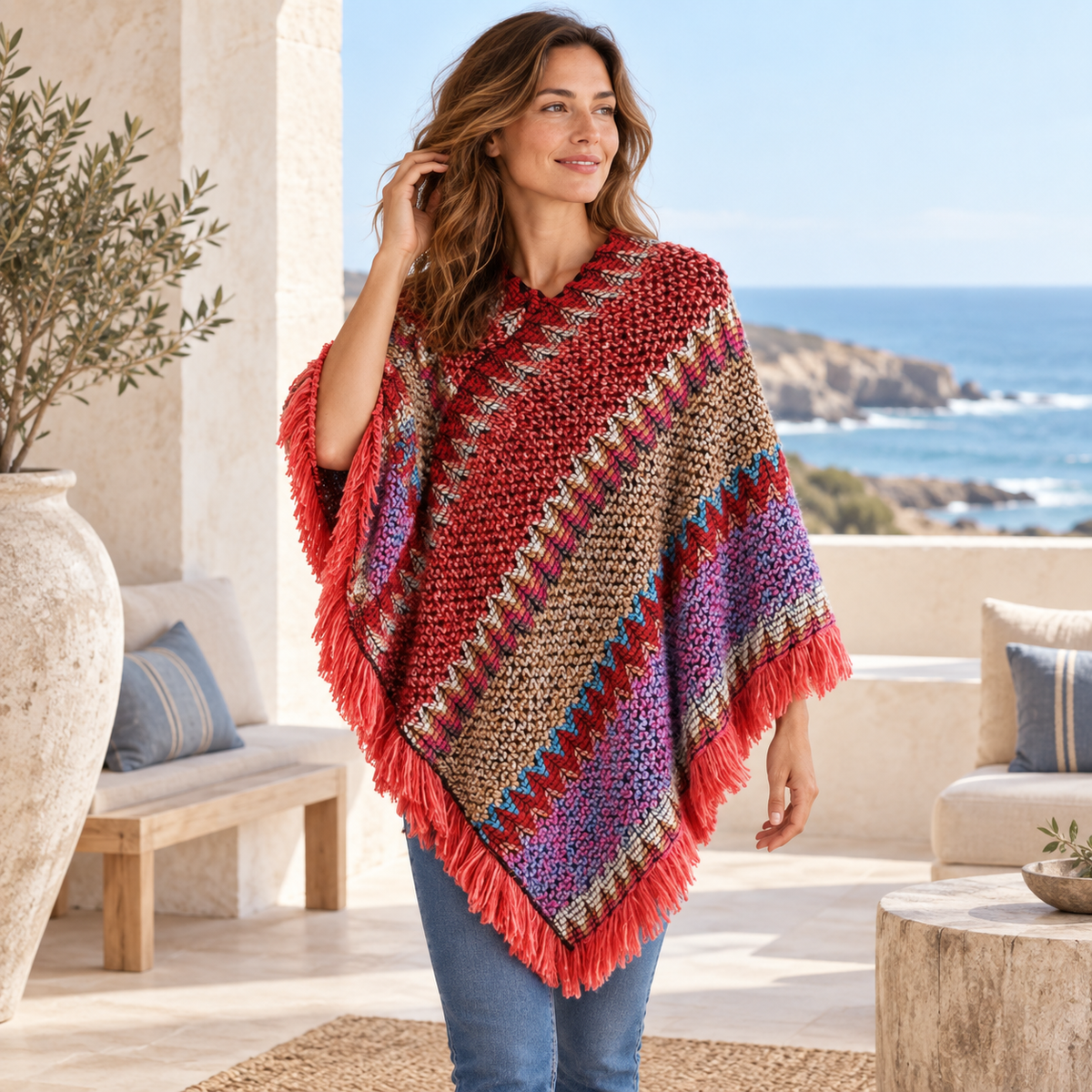 Poncho Chaud Peruvien – Rouge / Adulte, visuel principal lifestyle