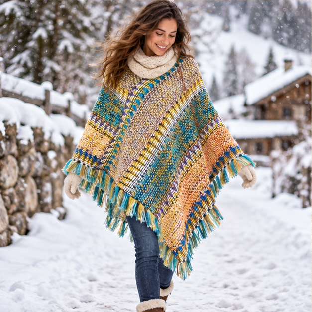Poncho Chaud Peruvien – Vert / Adulte, porté en mouvement au bord de l’océan