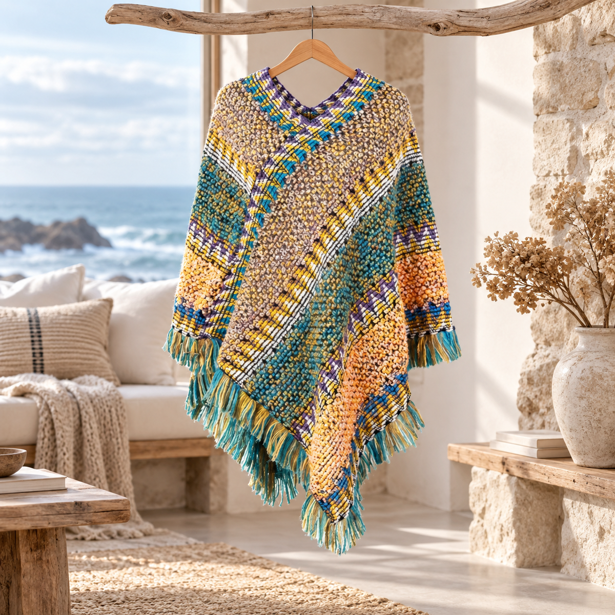 Poncho Chaud Peruvien – Vert / Adulte, visuel principal lifestyle