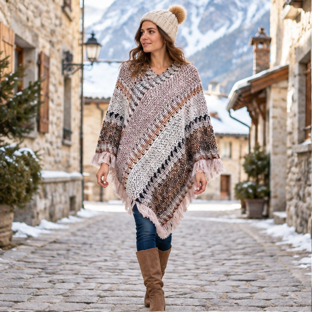 Poncho Chaud Peruvien – Gris / Adulte, en situation sur la côte Atlantique