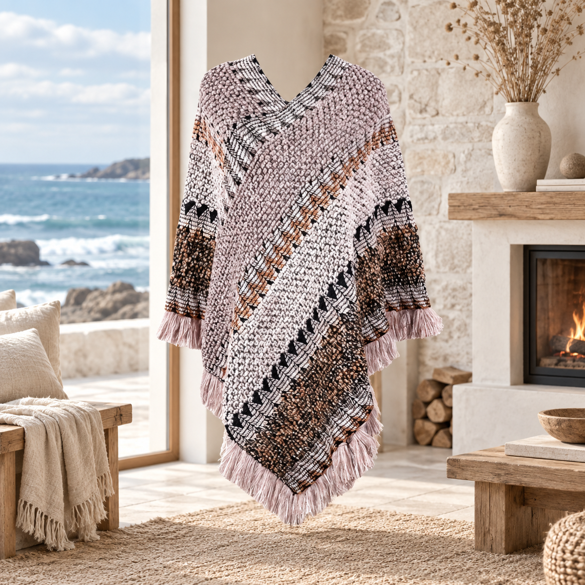 Poncho Chaud Peruvien – Gris / Adulte, visuel principal lifestyle