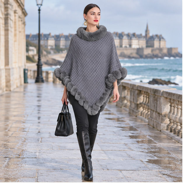 Poncho Col Fourrure – Gris / Adulte, en situation sur la côte Atlantique