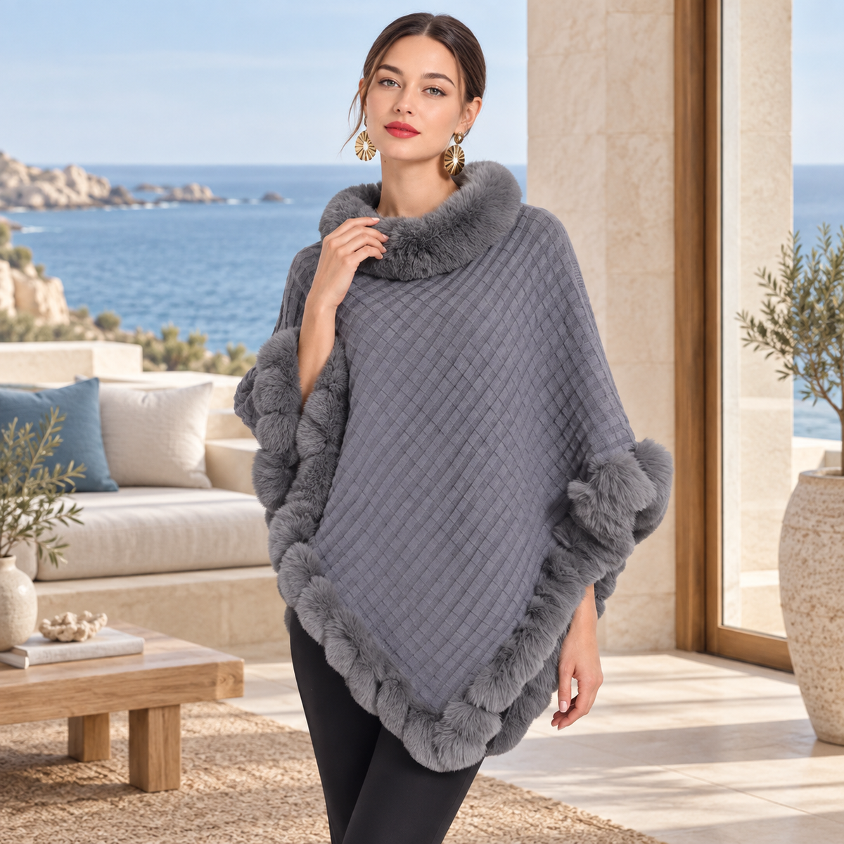 Poncho Col Fourrure – Gris / Adulte, visuel principal lifestyle