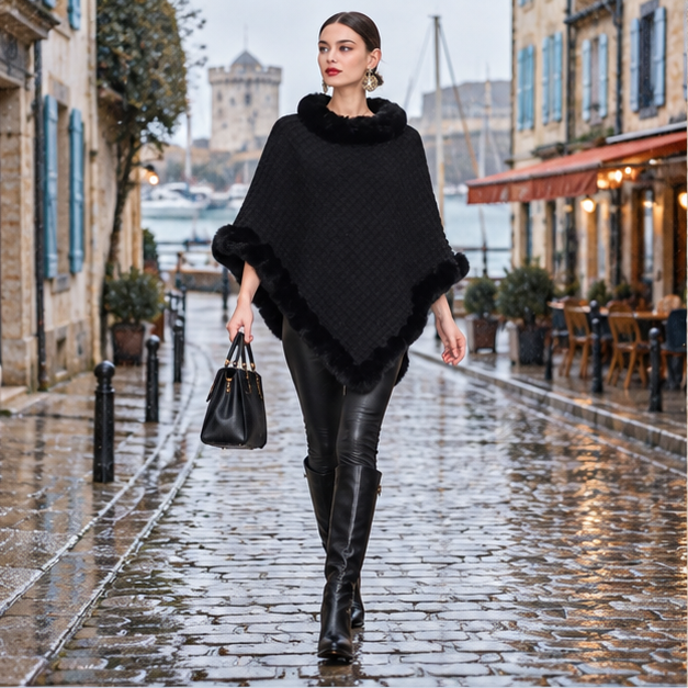 Poncho Col Fourrure – Noir / Adulte, en situation sur la côte Atlantique