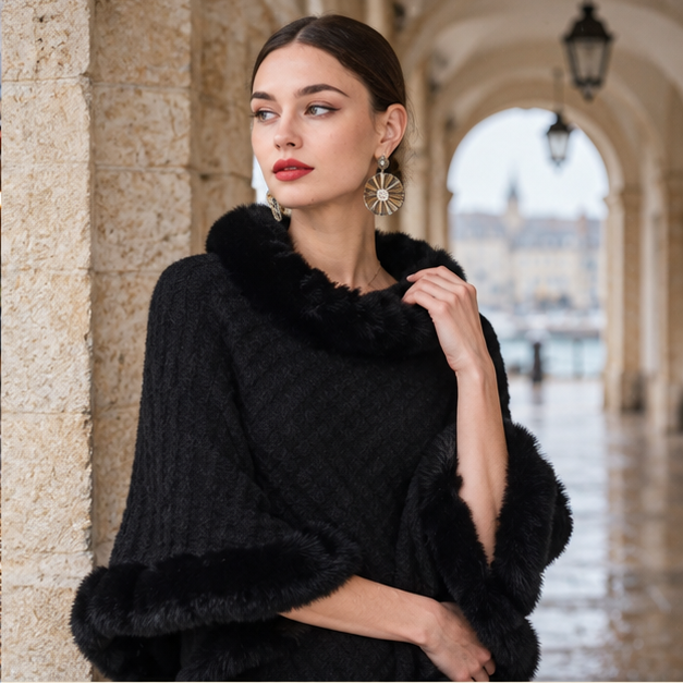 Poncho Col Fourrure – Noir / Adulte, dans un intérieur côtier lumineux