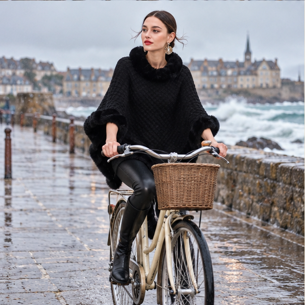 Poncho Col Fourrure – Noir / Adulte, porté en mouvement au bord de l’océan