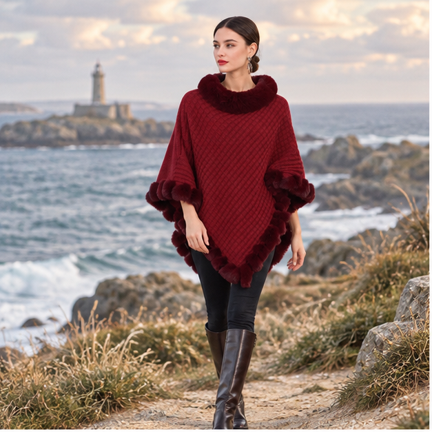 Poncho Col Fourrure – Bordeaux / Adulte, en situation sur la côte Atlantique