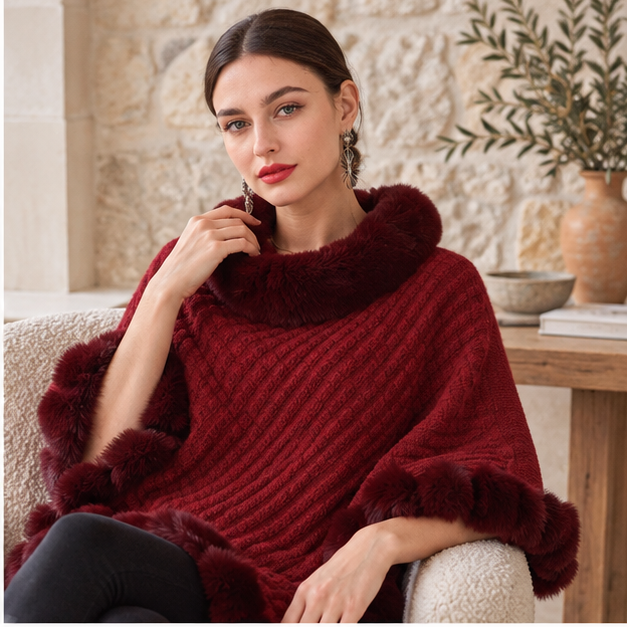 Poncho Col Fourrure – Bordeaux / Adulte, dans un intérieur côtier lumineux