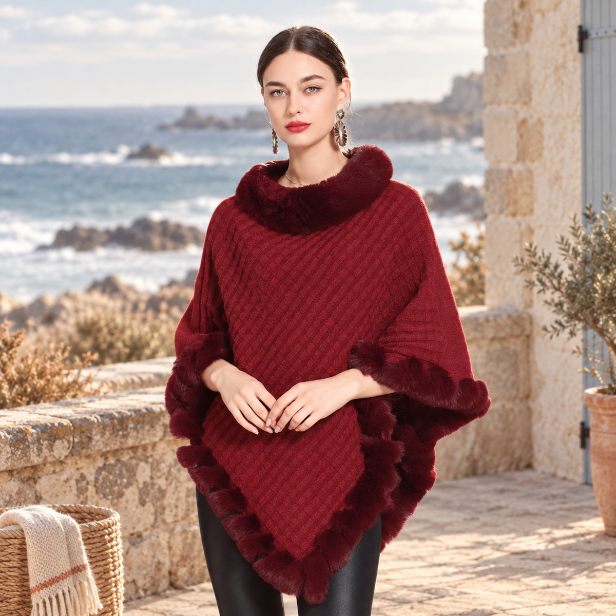 Poncho Col Fourrure – Bordeaux / Adulte, visuel principal lifestyle