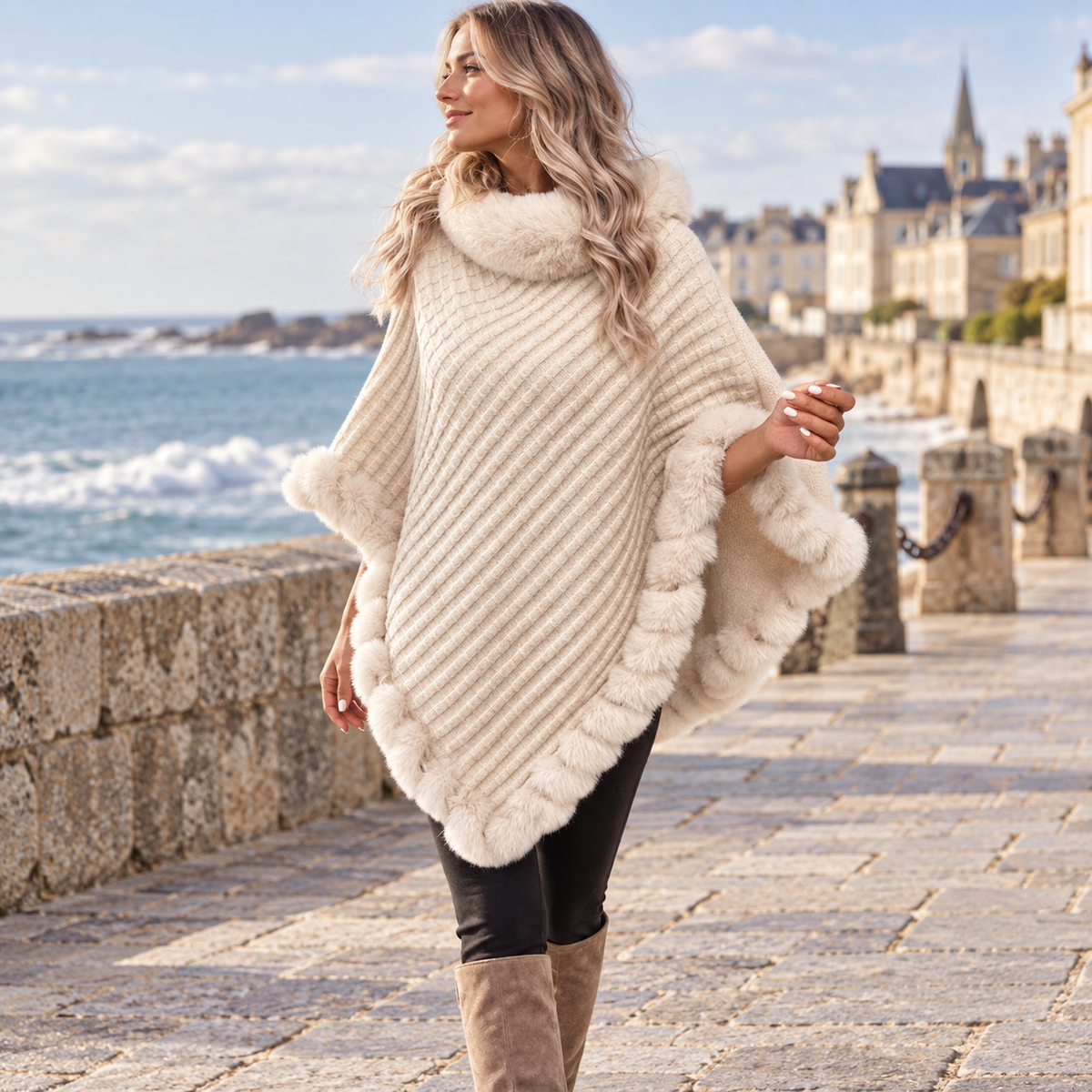 Poncho Col Fourrure – Beige / Adulte, visuel principal lifestyle