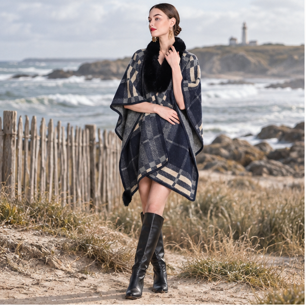 Poncho Col Fourrure à Carreaux – Bleu Marine / Adulte, en situation sur la côte Atlantique