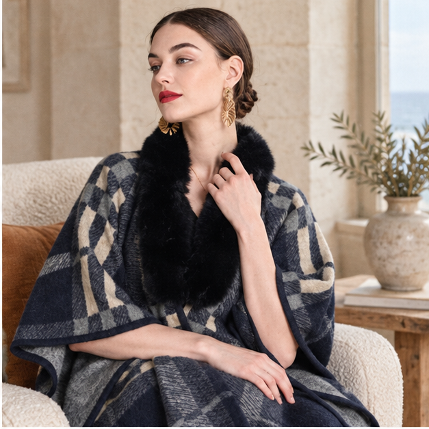 Poncho Col Fourrure à Carreaux – Bleu Marine / Adulte, dans un intérieur côtier lumineux