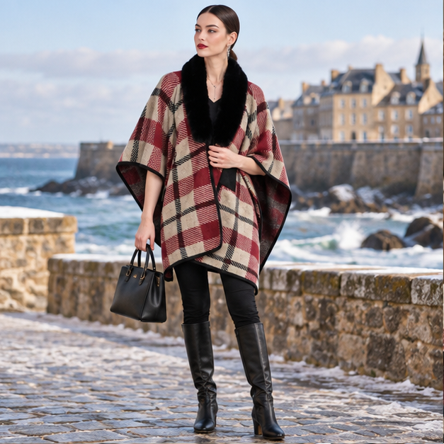 Poncho Col Fourrure à Carreaux – Rouge / Adulte, en situation sur la côte Atlantique