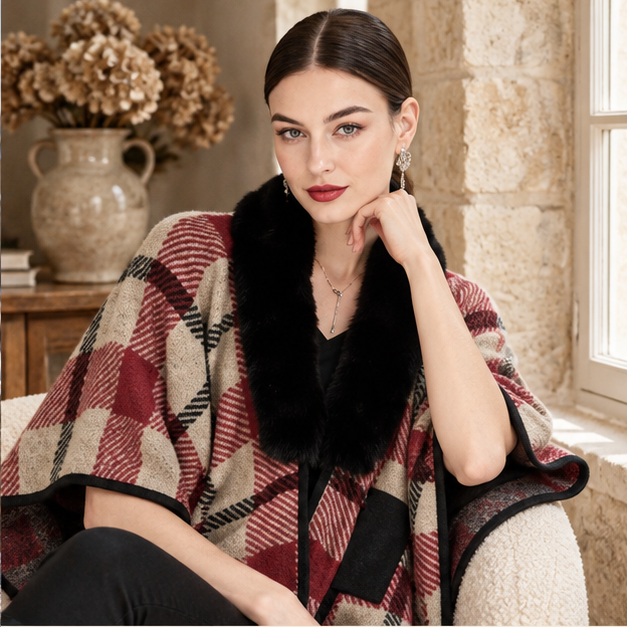 Poncho Col Fourrure à Carreaux – Rouge / Adulte, dans un intérieur côtier lumineux
