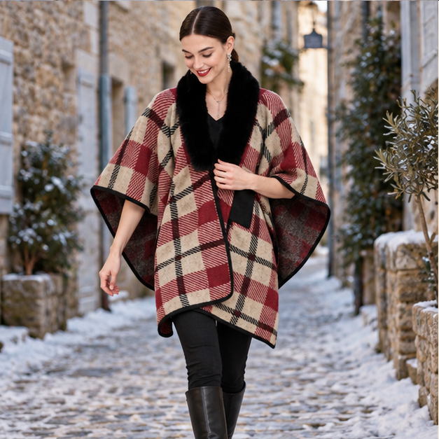 Poncho Col Fourrure à Carreaux – Rouge / Adulte, porté en mouvement au bord de l’océan