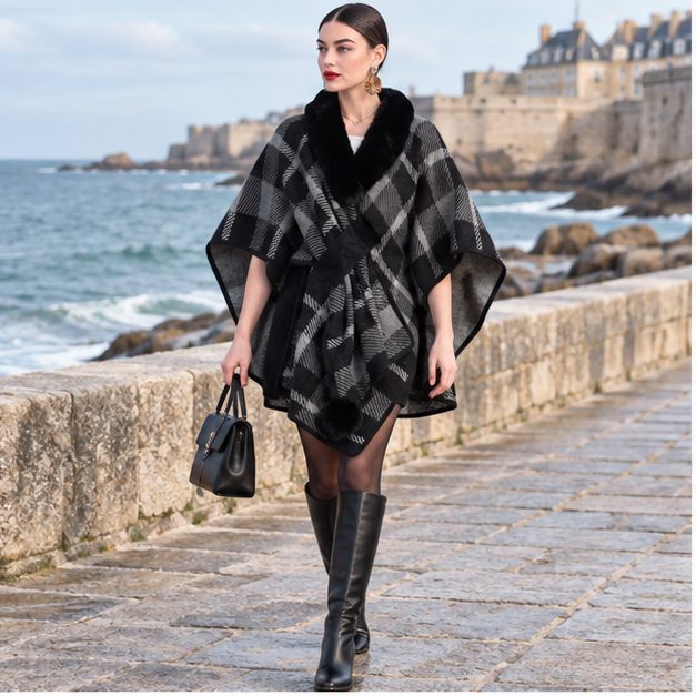 Poncho Col Fourrure à Carreaux – Noir / Adulte, en situation sur la côte Atlantique
