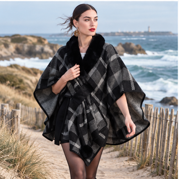 Poncho Col Fourrure à Carreaux – Noir / Adulte, porté en mouvement au bord de l’océan