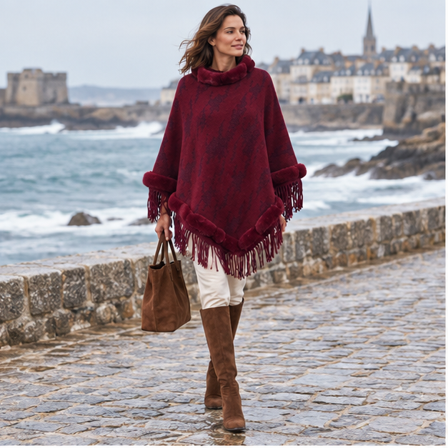 Poncho Col Fourrure Femme – Bordeaux / Adulte, en situation sur la côte Atlantique