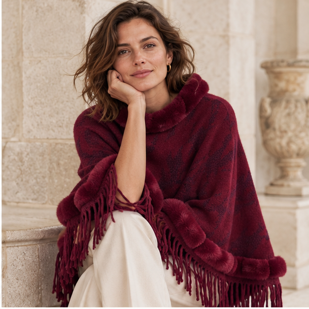 Poncho Col Fourrure Femme – Bordeaux / Adulte, dans un intérieur côtier lumineux